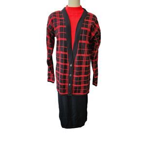 Vintage 80s 3 Pc Parfait Sweater Pencil Skirt Plaid Cardigan Suit Dress M 6 8 10